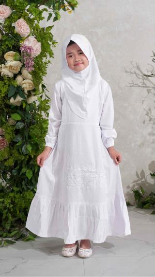 Gamis Muslim Anak Nur Aini Warna Putih Kombinasi Bordir Motif 9199